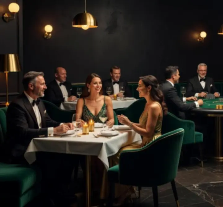 Elegáns, sötét tónusú éttermi enteriőr, gyertyafényes asztalokkal és barátságos esti hangulattal.
