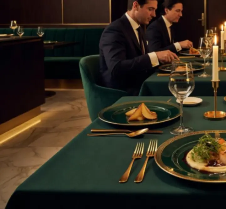 Elegáns tálalású vacsoraest fine dining fogásokkal és borospoharakkal egy sötét, hangulatos éttermi térben.