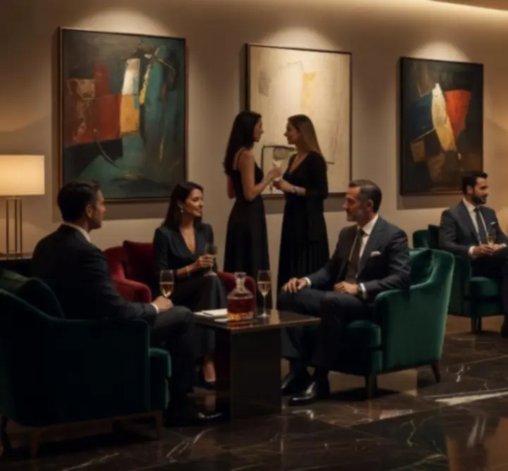 Hangulatos esti lounge atmoszféra meleg fényekkel és vendégekkel.