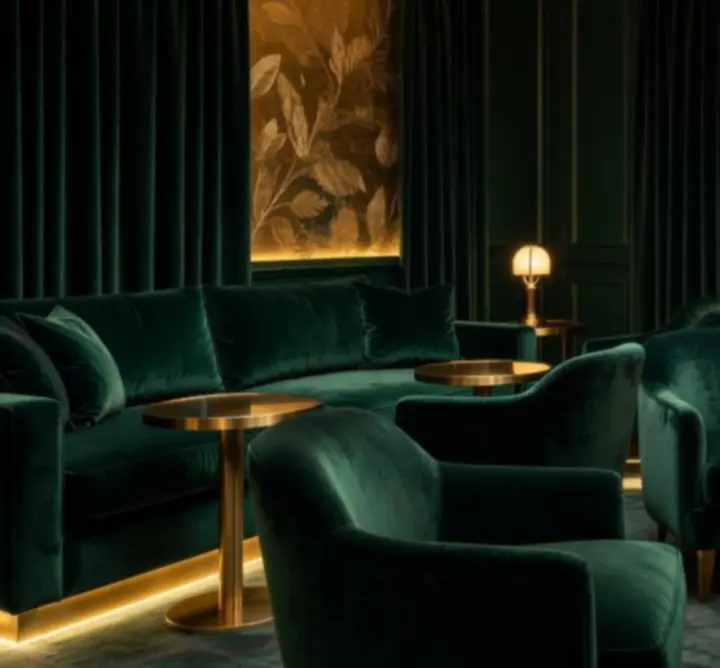 Elegáns lounge belső tér bársonyos ülőhelyekkel és hangulatvilágítással.
