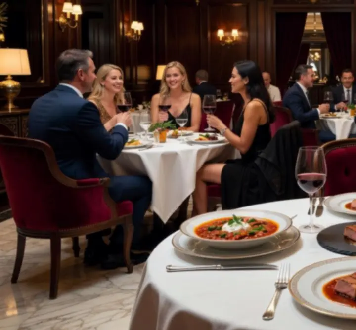 Cinematic belső tér luxus éttermi terítéssel és gourmet fogásokkal a Top Magyar Helyekben.