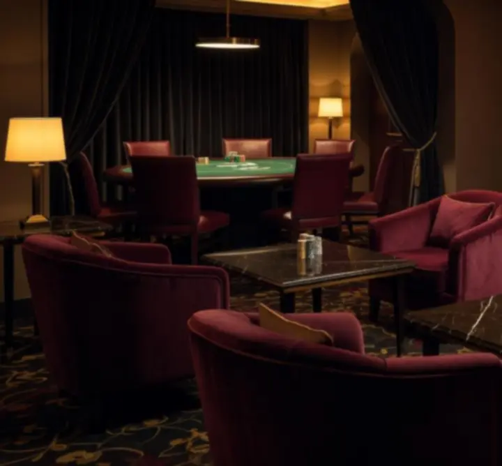 VIP-lounge félhomályos, elegáns belső térrel és exkluzív ülőhelyekkel.